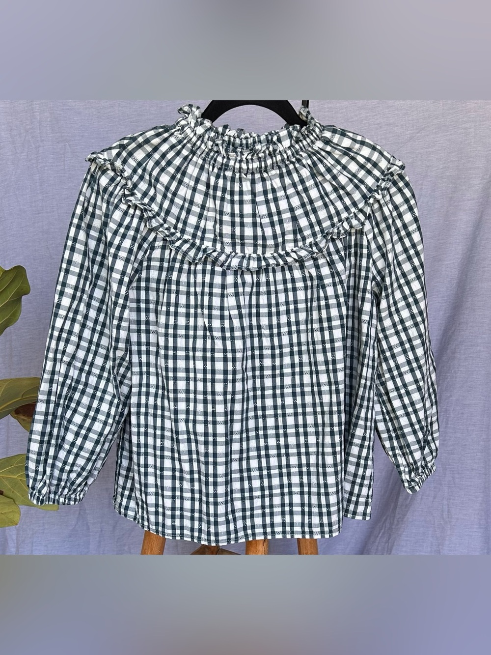 Universal Thread Forest Green and White Gingham Ruffle Yoke Blouse